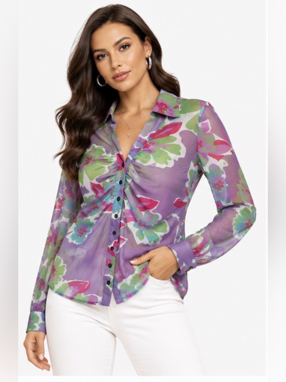 Blue Velvet NWT Floral Ruched Button Front Blouse Purple Green Size L